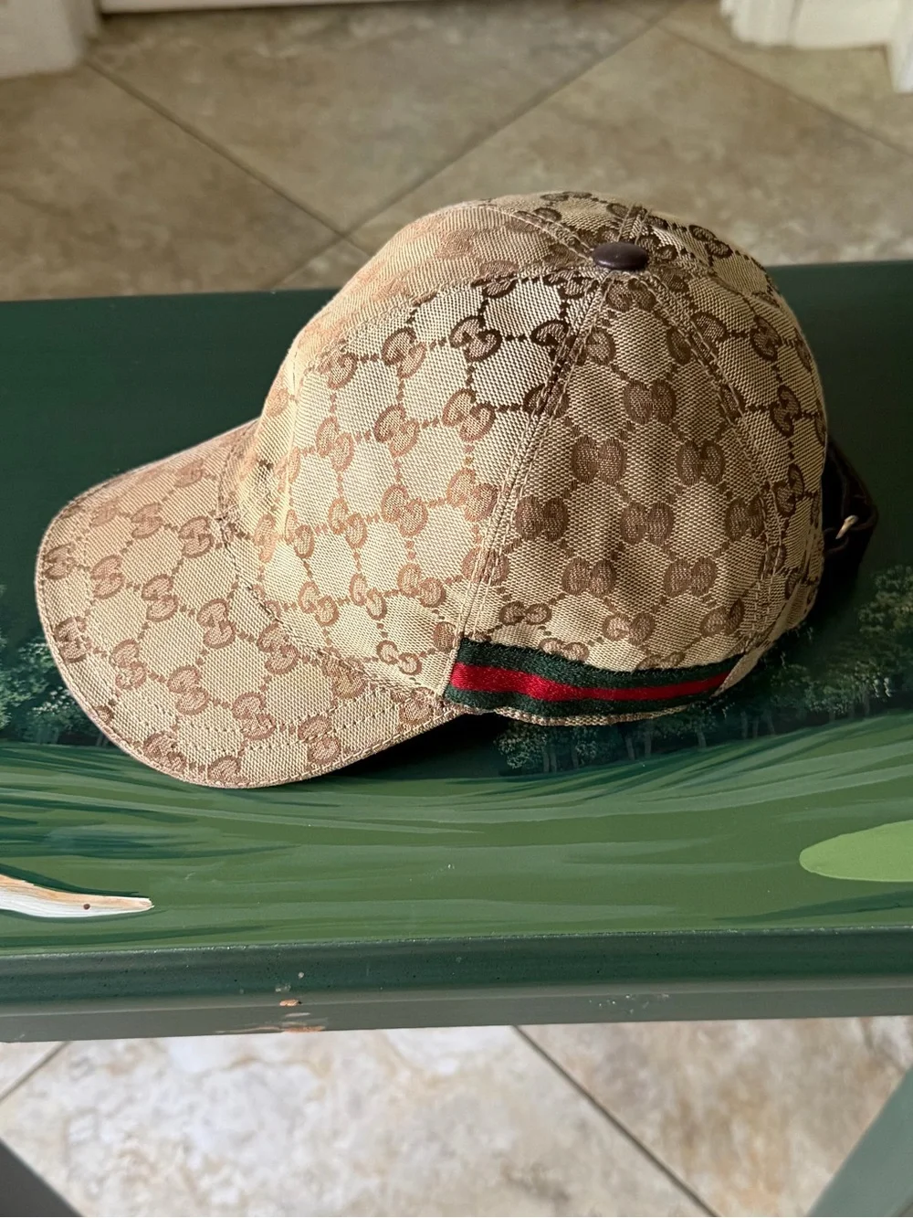 Gucci Beige and Brown Monogram Baseball Cap with Red & Green Stripe